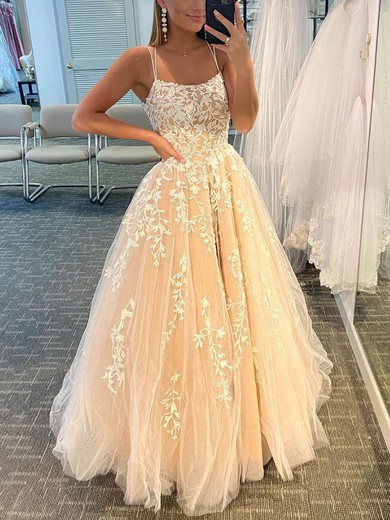 Ball Gown Scoop Neck Tulle Sweep Train Appliques Lace Prom Dresses #UKM020107669