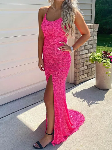 Mermaid Scoop Neck Sparkly Sequin Prom Dresses #UKM020107676