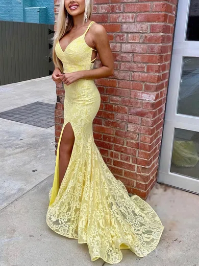 Sheath/Column Sweep Train V-neck Lace Split Front Prom Dresses #UKM020107682