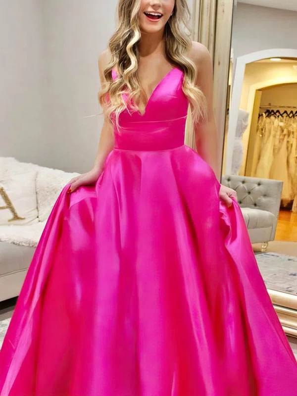 Ball Gown/Princess Sweep Train V-neck Satin Elegant Prom Dresses #UKM020107689