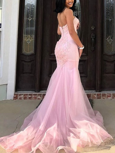 Tulle Strapless Trumpet/Mermaid Sweep Train Appliques Lace Prom Dresses #UKM020107690