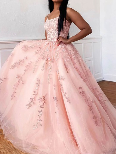 Ball Gown Scoop Neck Tulle Sweep Train Appliques Lace Prom Dresses #UKM020107691