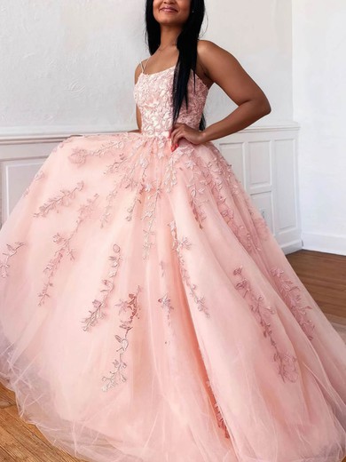 Ball Gown Scoop Neck Tulle Sweep Train Appliques Lace Prom Dresses #UKM020107691