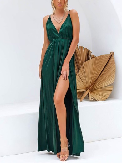 A-line Floor-length V-neck Silk-like Satin Lace Prom Dresses #UKM020106562