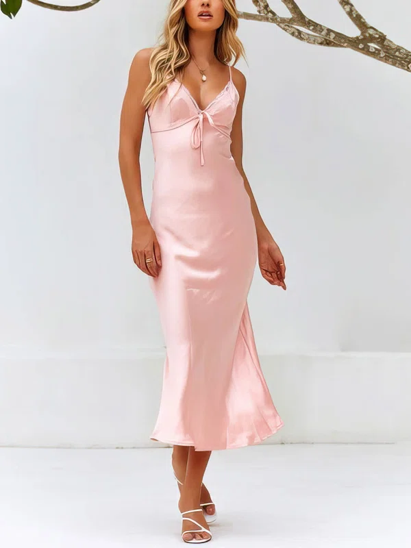 Sheath/Column V-neck Silk-like Satin Tea-length Appliques Lace Prom Dresses #UKM020106569