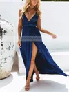 A-line V-neck Silk-like Satin Ankle-length Split Front Prom Dresses #UKM020106577