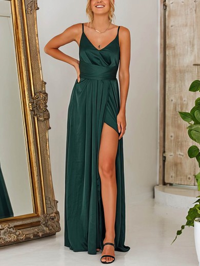 A-line Floor-length V-neck Silk-like Satin Split Front Prom Dresses #UKM020106591