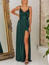 A-line Floor-length V-neck Silk-like Satin Split Front Prom Dresses #UKM020106591