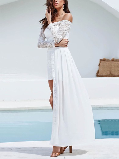 A-line Off-the-shoulder Lace Chiffon Ankle-length Prom Dresses #UKM020106611