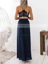 A-line V-neck Lace Chiffon Floor-length Split Front Prom Dresses #UKM020106625