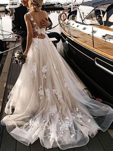 Ball Gown Illusion Tulle Sweep Train Wedding Dresses With Appliques Lace #UKM00024345