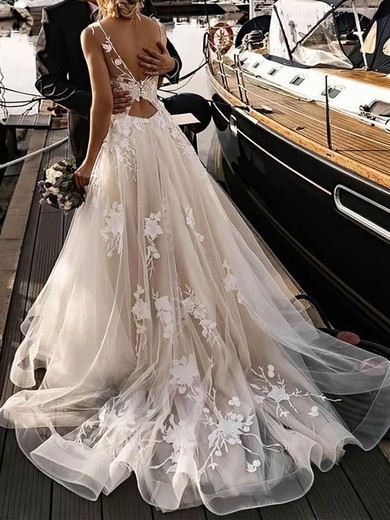 Ball Gown Illusion Tulle Sweep Train Wedding Dresses With Appliques Lace #UKM00024345