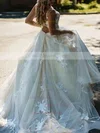 A-line Scoop Neck Tulle Sweep Train Appliques Lace Wedding Dresses #UKM00024345