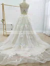 A-line Scoop Neck Tulle Sweep Train Appliques Lace Wedding Dresses #UKM00024345