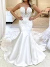 Trumpet/Mermaid V-neck Satin Court Train Wedding Dresses With Appliques Lace #UKM00024347