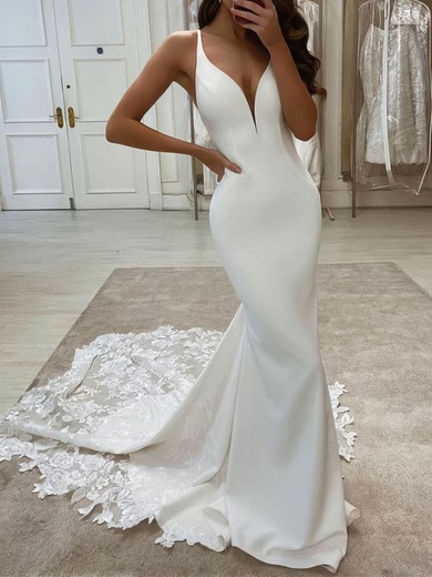 Trumpet/Mermaid V-neck Silk-like Satin Court Train Appliques Lace Wedding Dresses #UKM00024348