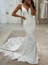 Trumpet/Mermaid V-neck Silk-like Satin Court Train Appliques Lace Wedding Dresses #UKM00024348