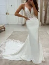 Trumpet/Mermaid V-neck Silk-like Satin Court Train Appliques Lace Wedding Dresses #UKM00024349