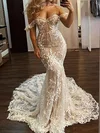 Trumpet/Mermaid Off-the-shoulder Tulle Sweep Train Wedding Dresses With Bow #UKM00024351