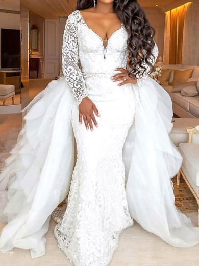 Trumpet/Mermaid V-neck Lace Sweep Train Wedding Dresses With Cascading Ruffles #UKM00024354