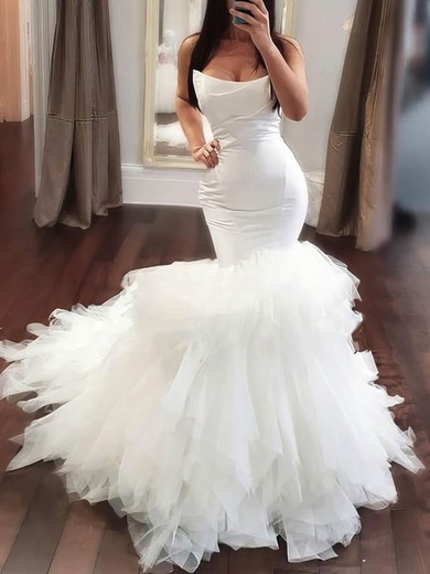 Trumpet/Mermaid Straight Tulle Sweep Train Wedding Dresses With Cascading Ruffles #UKM00024355