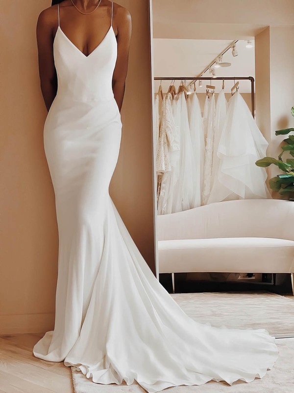 Trumpet Mermaid V neck Chiffon Sweep Train Wedding Dresses