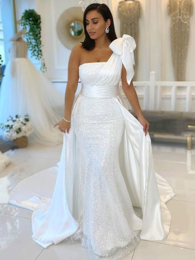 Trumpet/Mermaid One Shoulder Silk-like Satin Lace Sweep Train Wedding Dresses With Bow #UKM00024357