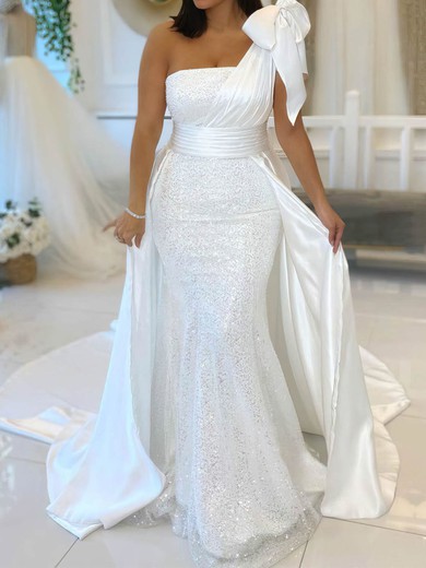 Trumpet/Mermaid One Shoulder Silk-like Satin Lace Sweep Train Wedding Dresses With Bow #UKM00024357