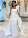 Trumpet/Mermaid One Shoulder Silk-like Satin Glitter Sweep Train Bow Wedding Dresses #UKM00024357