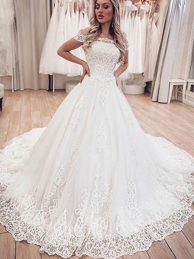 Ball Gown Off-the-shoulder Lace Court Train Wedding Dresses #UKM00024360