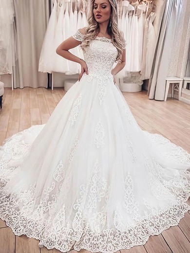 A-line Off-the-shoulder Lace Court Train Wedding Dresses #UKM00024360
