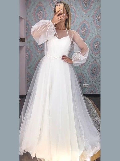 Ball Gown Illusion Tulle Sweep Train Wedding Dresses With Sashes / Ribbons #UKM00024362