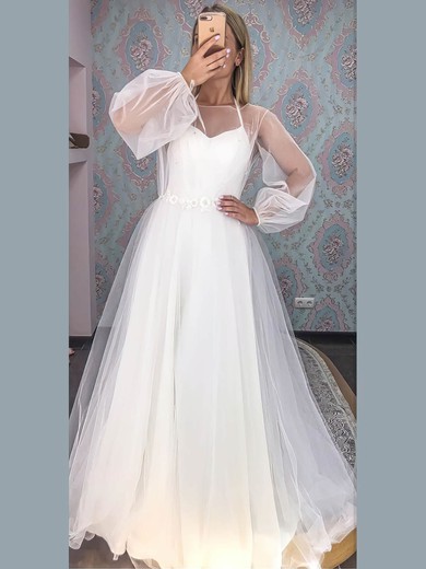 A-line Square Neckline Tulle Sashes / Ribbons Wedding Dresses #UKM00024362