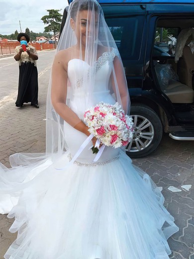 Trumpet/Mermaid Illusion Tulle Sweep Train Wedding Dresses With Beading #UKM00024364