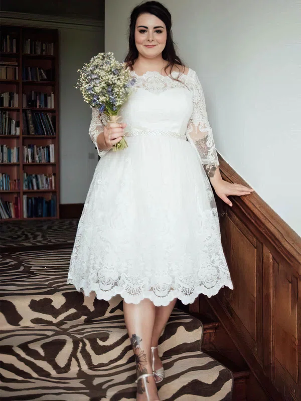 A-line Scalloped Neck Lace Tea-length Beading Wedding Dresses #UKM00024365