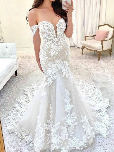 Trumpet/Mermaid Off-the-shoulder Tulle Sweep Train Wedding Dresses With Appliques Lace #UKM00024369