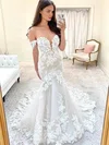 Trumpet/Mermaid Off-the-shoulder Tulle Sweep Train Wedding Dresses With Appliques Lace #UKM00024369