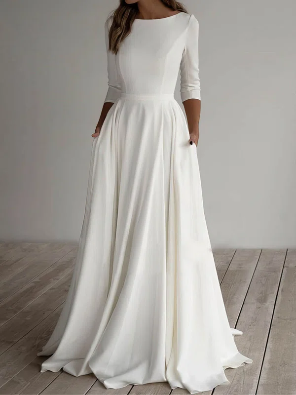 A-line Scoop Neck Chiffon Sweep Train Wedding Dresses With Pockets #UKM00024370