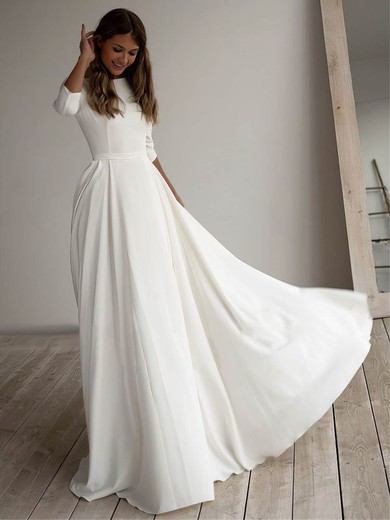 A-line Scoop Neck Chiffon Sweep Train Wedding Dresses With Pockets #UKM00024370