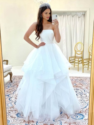 A-line Strapless Tulle Sweep Train Cascading Ruffles Wedding Dresses #UKM00024373