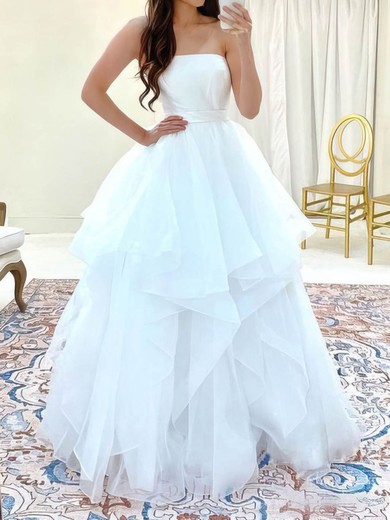 Ball Gown/Princess Straight Tulle Floor-length Wedding Dresses With Cascading Ruffles #UKM00024373