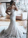 Trumpet/Mermaid Strapless Lace Court Train Wedding Dresses #UKM00024378