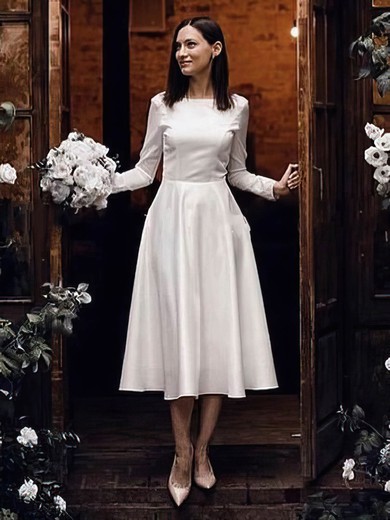 A-line Scoop Neck Silk-like Satin Tea-length Wedding Dresses #UKM00024379