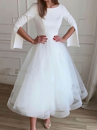 Ball Gown/Princess Scoop Neck Tulle Stretch Crepe Tea-length Wedding Dresses #UKM00024380