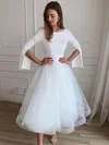 A-line Scoop Neck Tulle Stretch Crepe Tea-length Wedding Dresses #UKM00024380