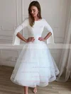 A-line Scoop Neck Tulle Stretch Crepe Tea-length Wedding Dresses #UKM00024380
