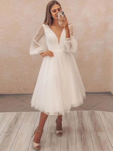 Ball Gown V-neck Tulle Tea-length Wedding Dresses #UKM00024382