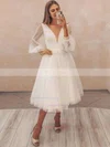 A-line V-neck Tulle Tea-length Wedding Dresses #UKM00024382