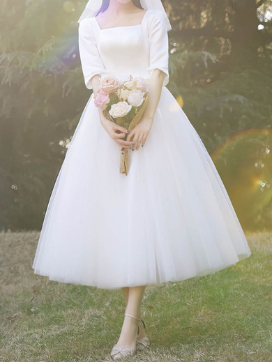 Ball Gown/Princess Square Neckline Tulle Tea-length Wedding Dresses With Pockets #UKM00024383