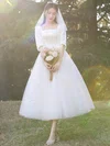 A-line Square Neckline Satin Tulle Tea-length Bow Wedding Dresses #UKM00024383